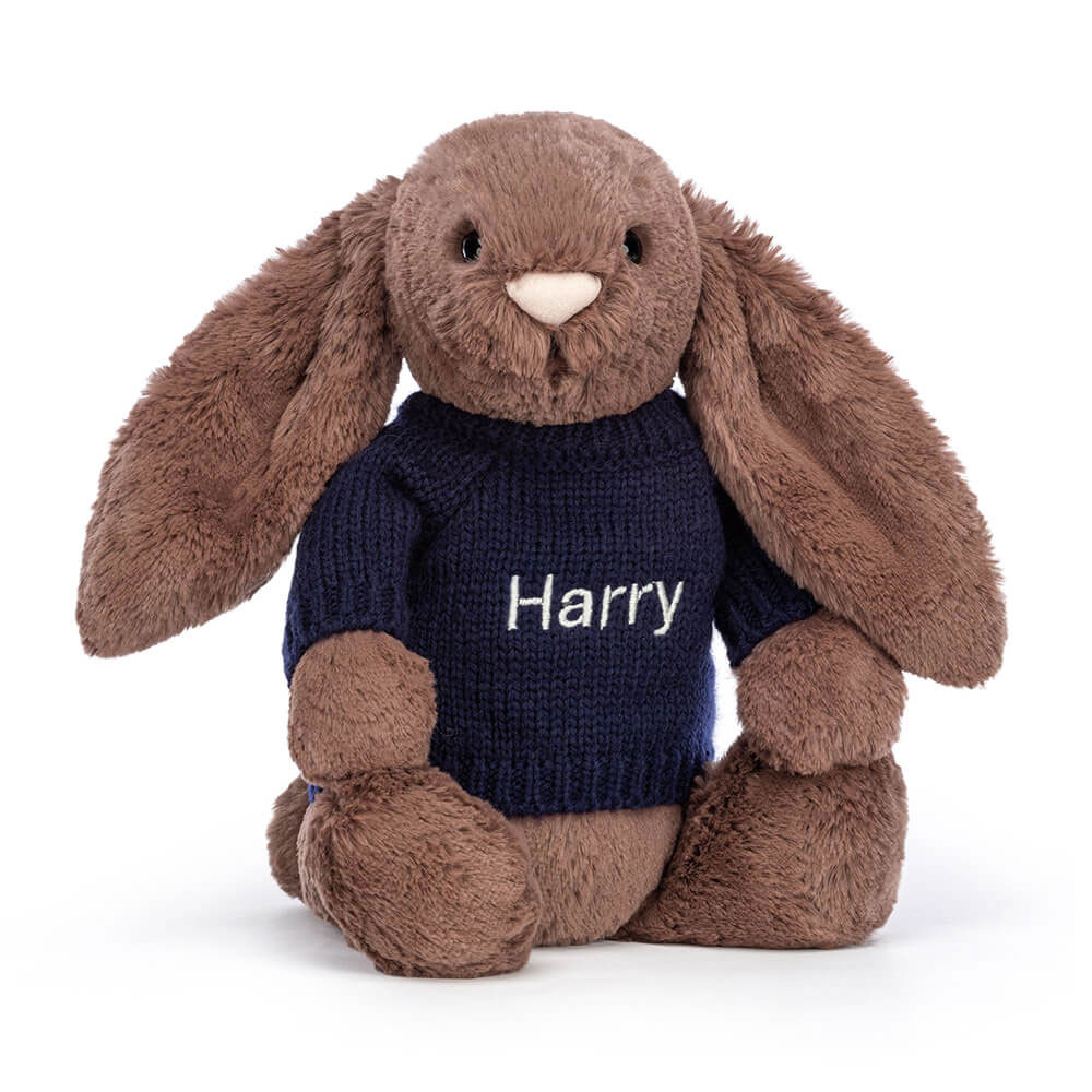 Bashful Fudge Bunny with Personalised Navy Jumper - Official Jellycat