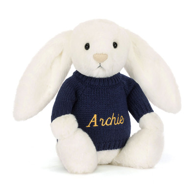 Bashful Luxe Bunny Luna with Personalised Navy Jumper, Main View
