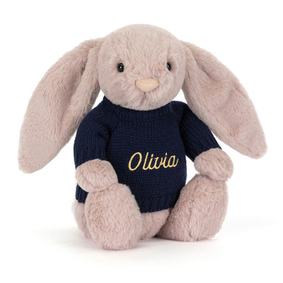 Bashful Luxe Bunny Rosa with Personalised Navy Jumper, Main View