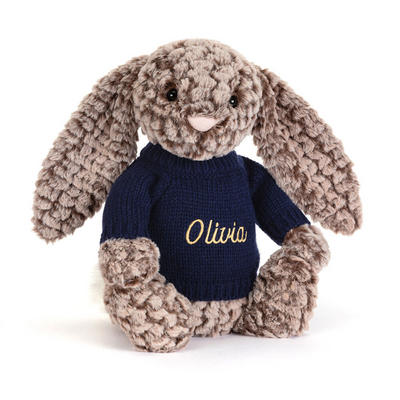 Bashful Luxe Bunny Pine with Personalised Navy Jumper, Main View