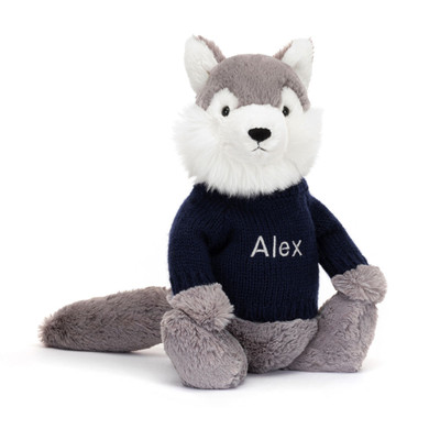 Bashful Wolf with Personalised Navy Jumper, View 4