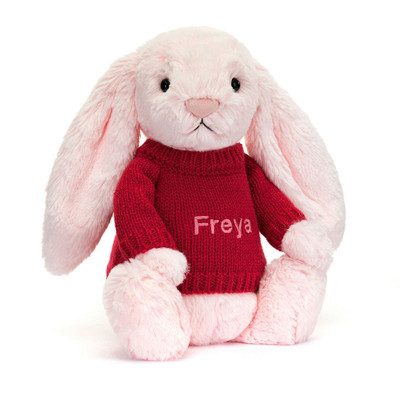 Bashful Pink Bunny with Personalised Red Jumper, View 4