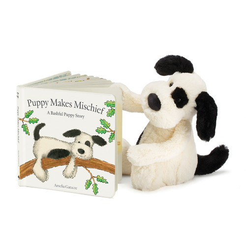 Puppy Makes Mischief Book and Bashful Black & Cream Puppy, Main View Puppy Makes Mischief Book and Bashful Black & Cream Puppy, Main View