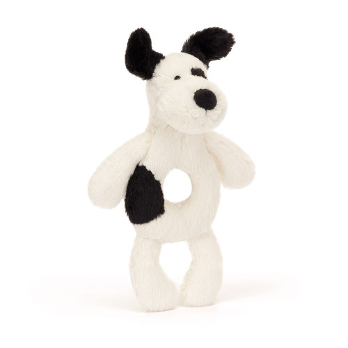 Bashful Black & Cream Puppy Ring Rattle, Main View Bashful Black & Cream Puppy Ring Rattle, Main View