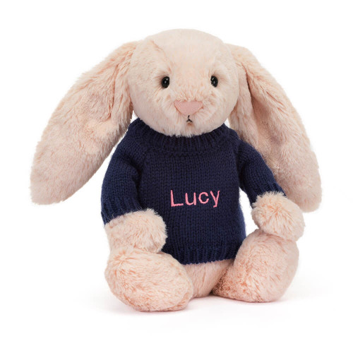 Bashful Blush Bunny with Personalised Navy Jumper - Official Jellycat