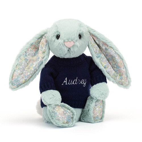 Blossom Sage Bunny with Personalised Navy Jumper, View 4