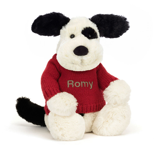 Bashful Black & Cream Puppy with Personalised Red Jumper, View 4 Bashful Black & Cream Puppy with Personalised Red Jumper, View 4