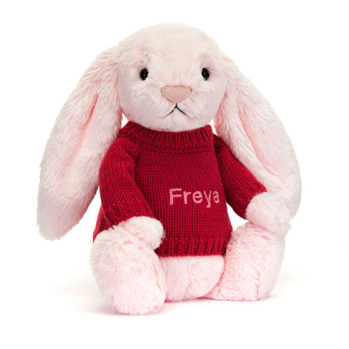 Bashful Pink Bunny with Personalised Red Jumper, View 4 Bashful Pink Bunny with Personalised Red Jumper, View 4