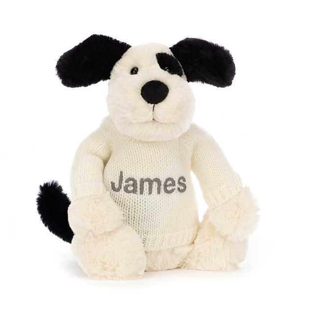 Bashful Rufferty Black & Cream Puppy with Personalised Cream Jumper