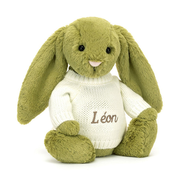 Bashful Moss Bunny with Personalised Cream Jumper 