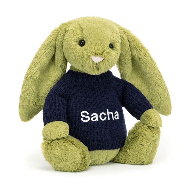 Bashful Moss Bunny with Personalised Navy Jumper 