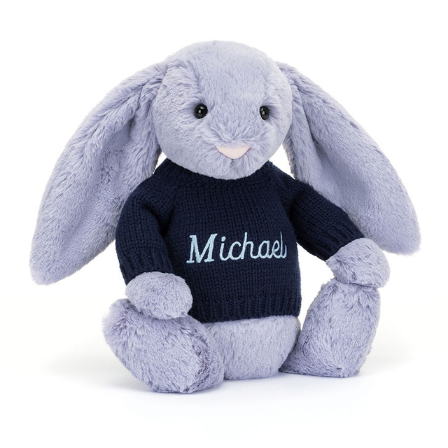 Bashful Viola Bunny with Personalised Navy Jumper 