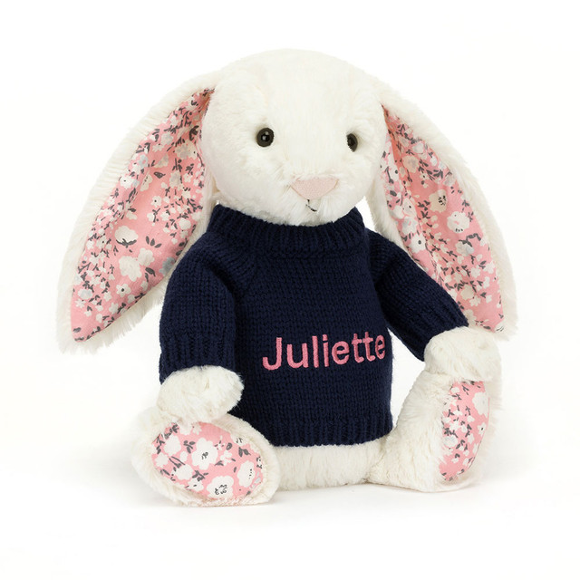 Blossom Cherry Bunny with Personalised Navy Jumper 