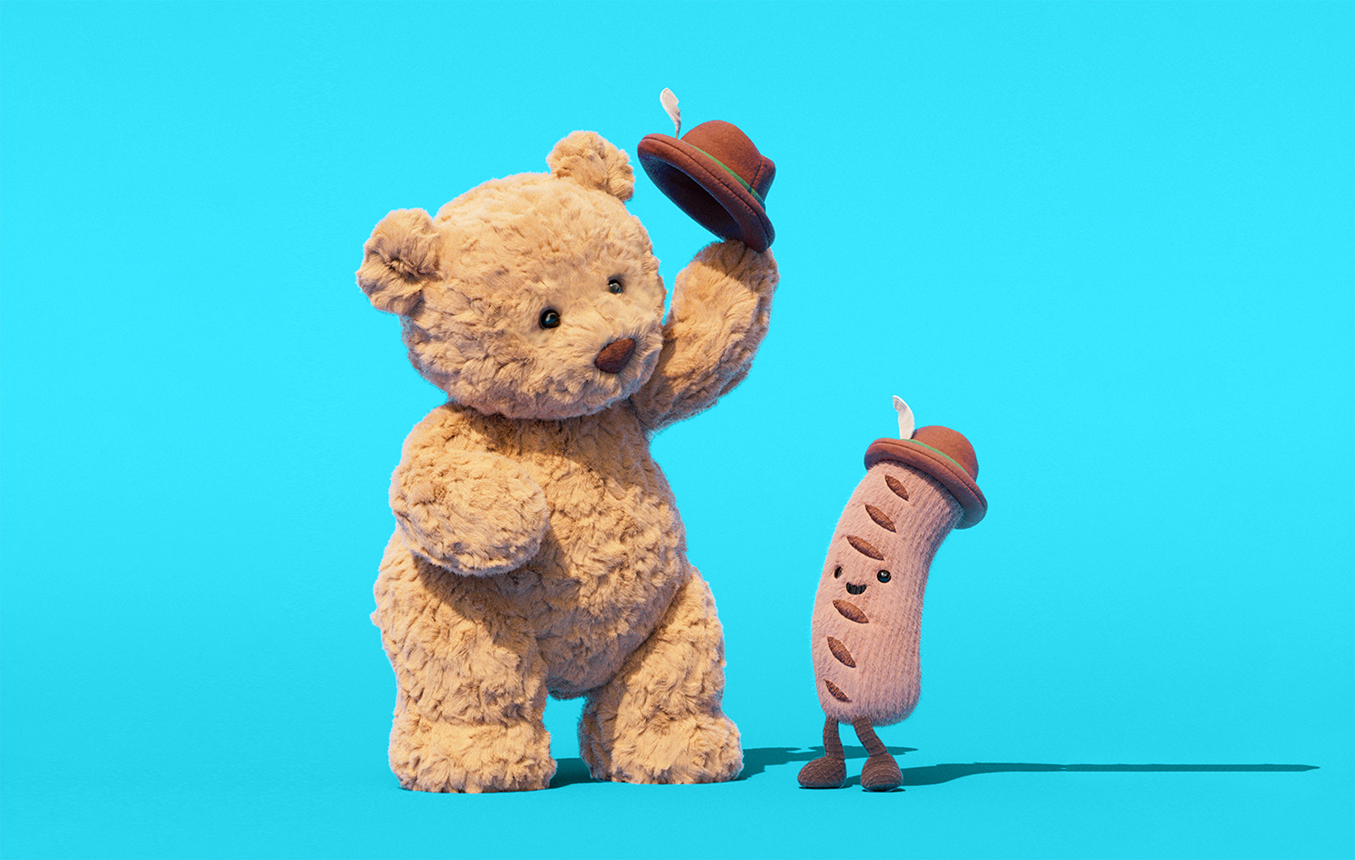 Bartholomew Bear tips his hat to a Jellycat sausage, who is also wearing a hat.