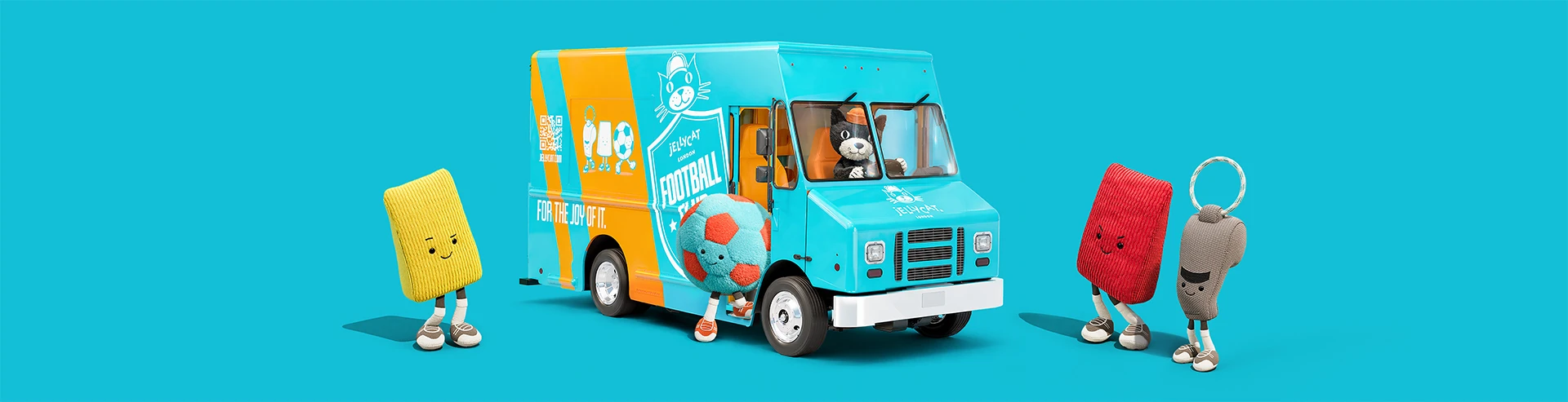 Amuseables characters gather around a Jellycat Football Club tuk-tuk van on a bright blue background.