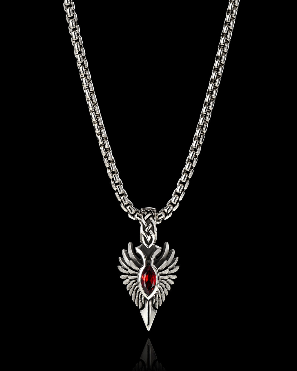 Heart of Valhalla Necklace Pendant in Sterling Silver and Red Garnet by NightRider Jewelry - Front