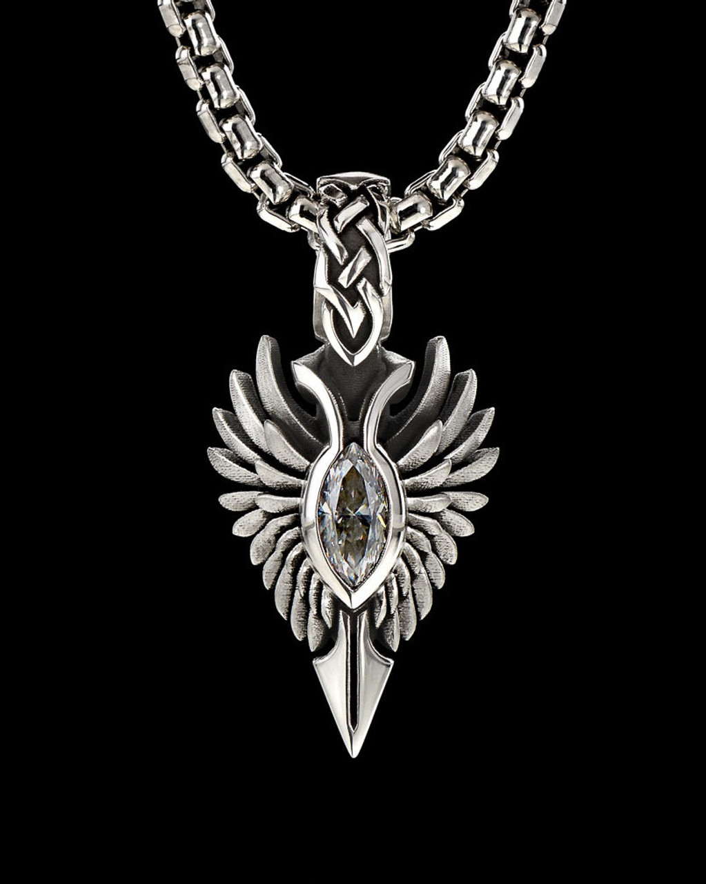Heart of Valhalla Necklace Pendant in Sterling Silver and Moissanite by NightRider Jewelry - Front