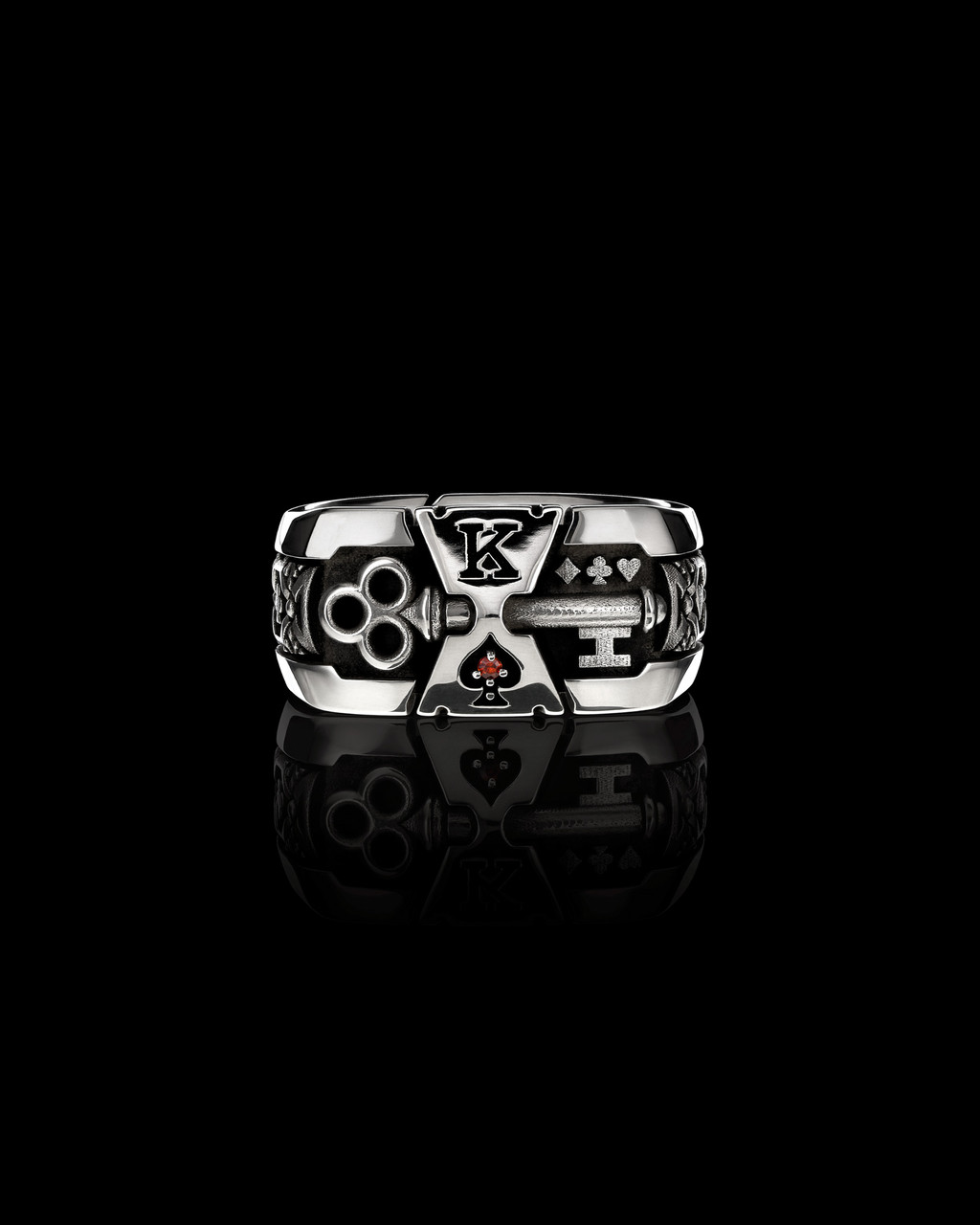 The Kings Royal Band, Sterling Silver with Key and Playing Cards, with Red Garnet by NightRider Jewelry - Front View The Kings Royal Band, Sterling Silver with Key and Playing Cards, with Red Garnet by NightRider Jewelry - Front View