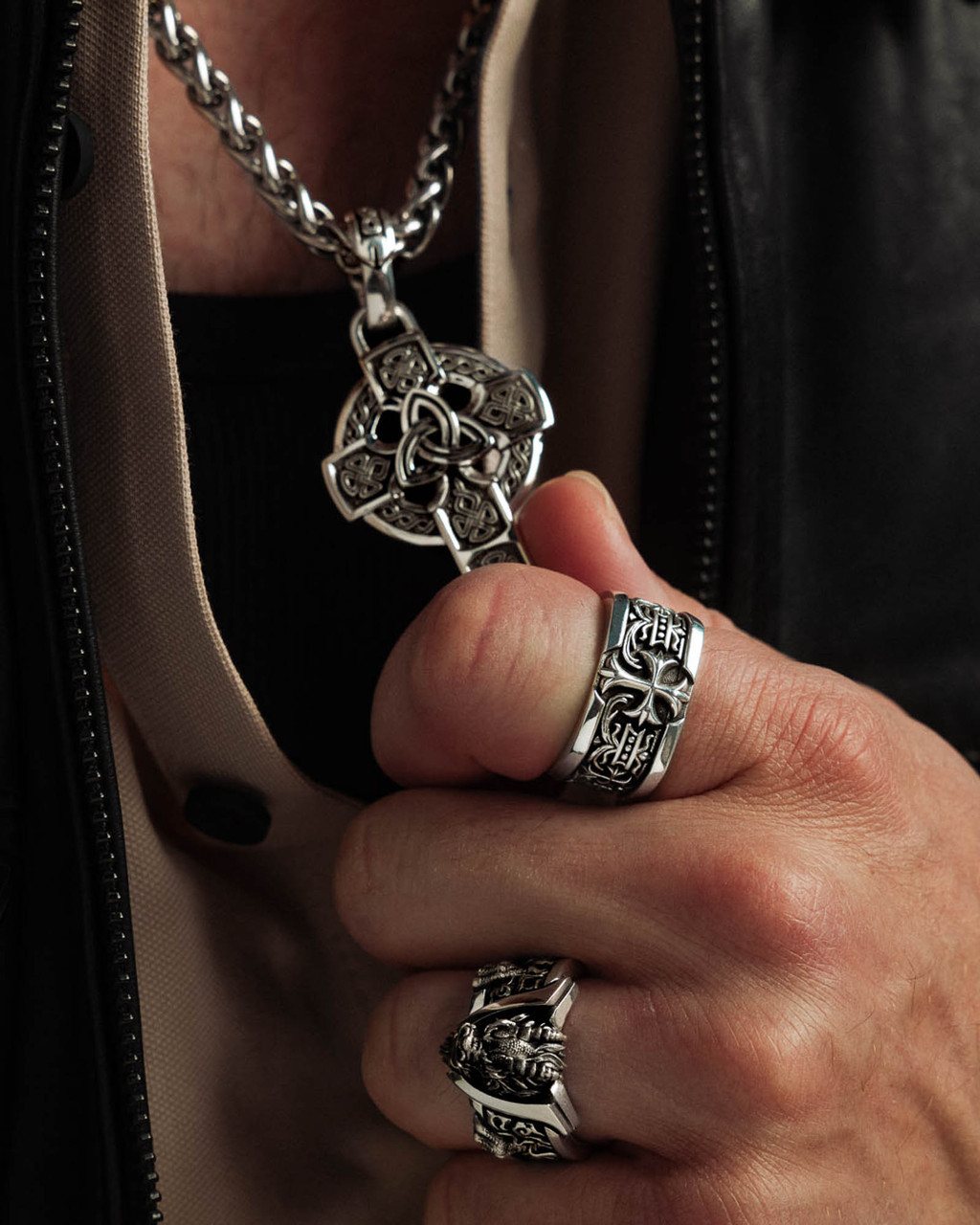 Renaissance Cross Band in Solid .925 Sterling Silver by NightRider Jewelry - Front View