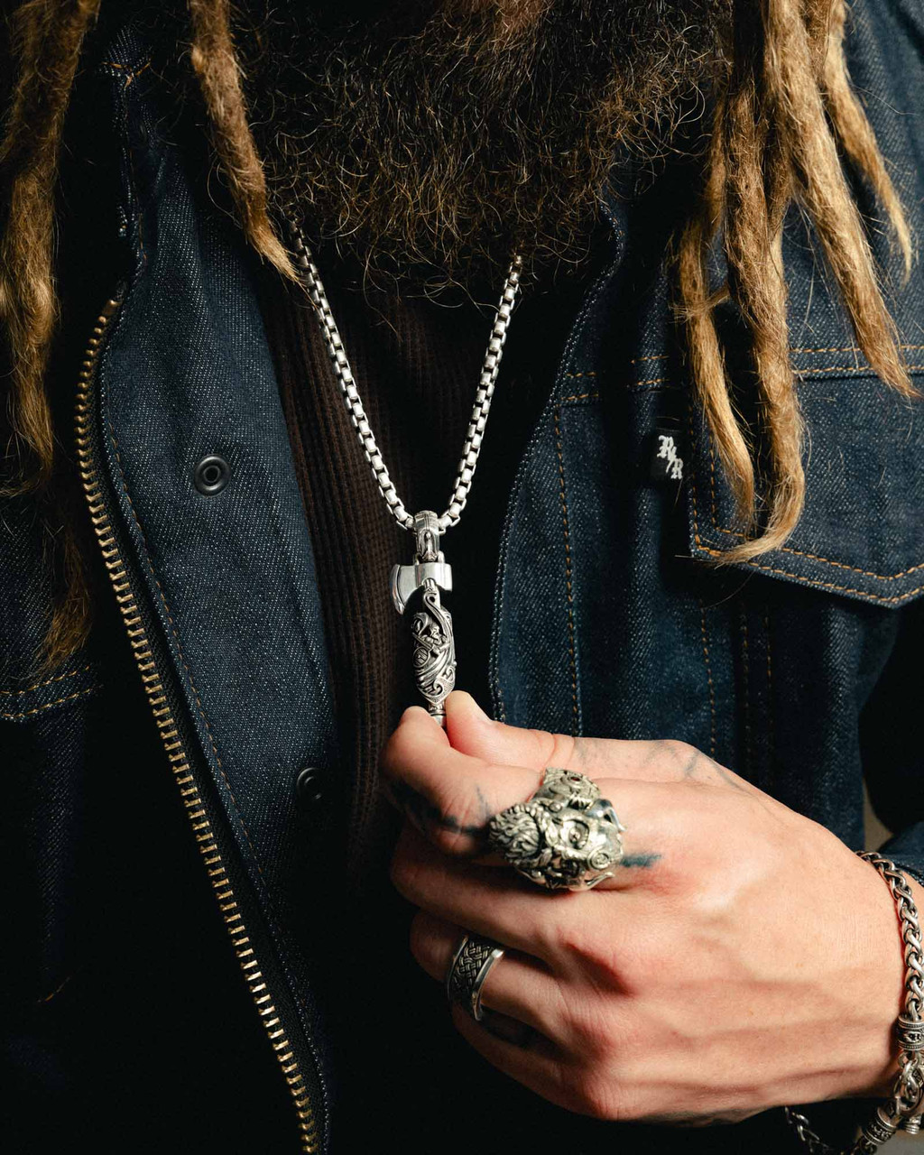 Sons of Valhalla Viking Pendant Shown On Model in Sterling Silver