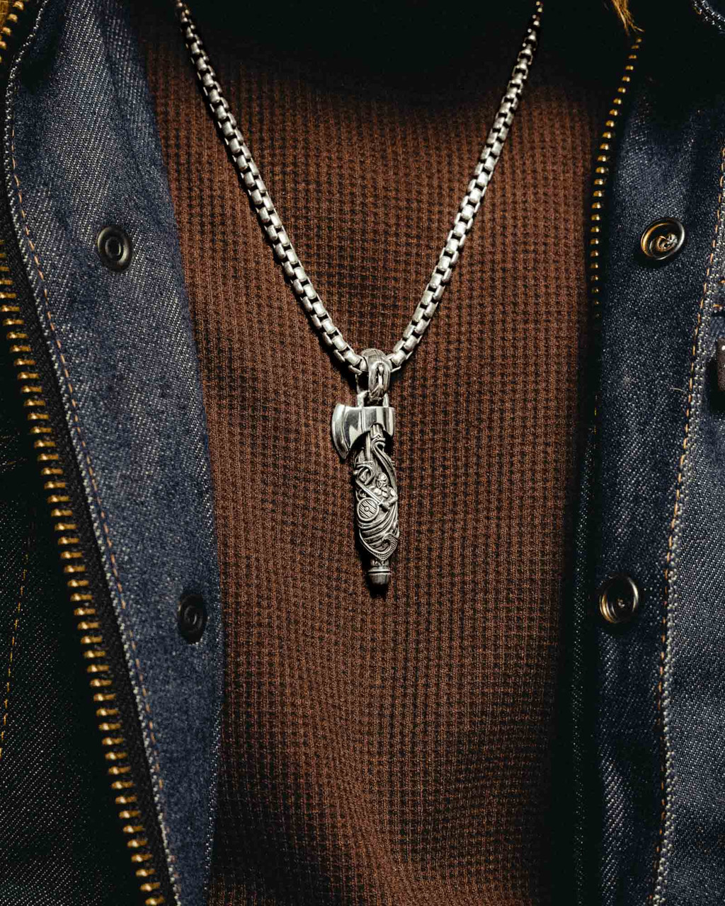 A Modern Warrior Wearing the Sons of Valhalla Viking Axe Pendant in Sterling Silver