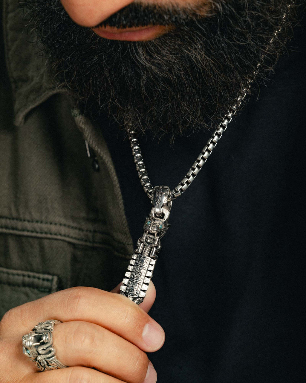 Obsidian Aztec Jaguar Warrior Pendant in Solid Sterling Silver by NightRider Jewelry - As Worn, also shown with Ocelotl Band Obsidian Aztec Jaguar Warrior Pendant in Solid Sterling Silver by NightRider Jewelry - As Worn, also shown with Ocelotl Band