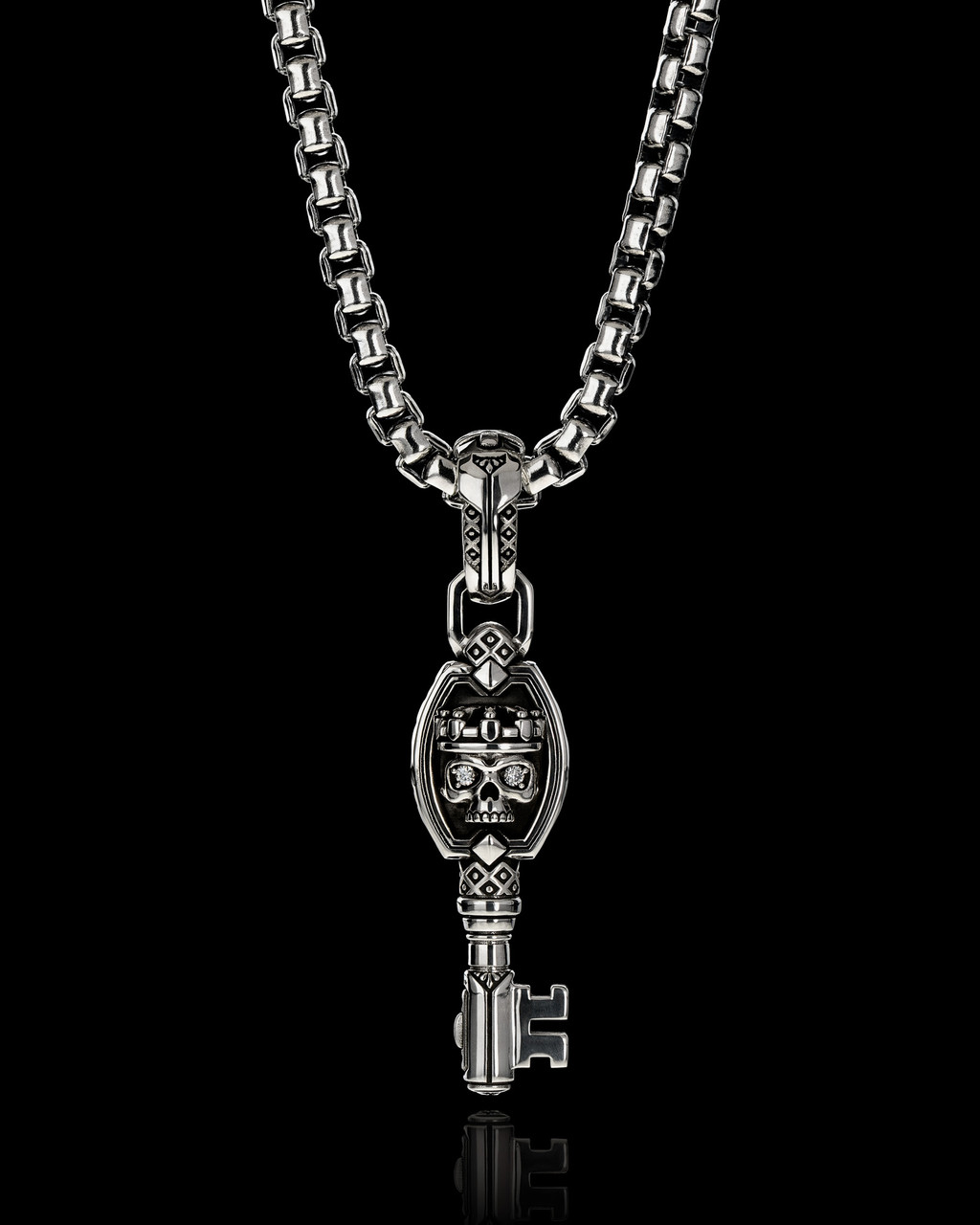 King's Silver Skull Pendant with Stone Eyes by NightRider Jewelry - Front View