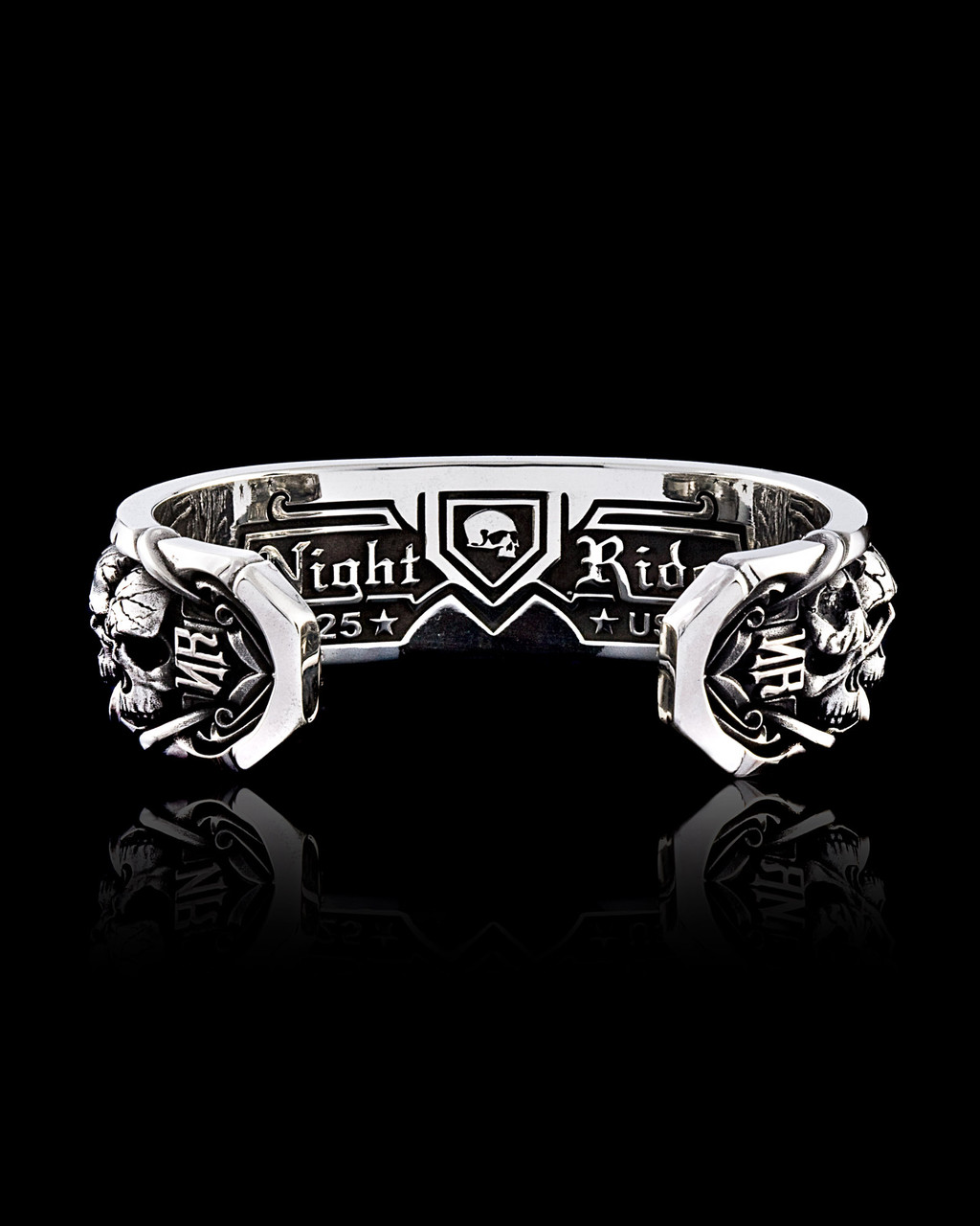 All in the Family Men's Silver Skull Cuff Bracelet by NightRider Jewelry - Back View All in the Family Men's Silver Skull Cuff Bracelet by NightRider Jewelry - Back View