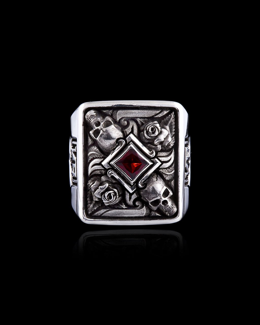 Till Death Do Us Part Ring with Skulls and Roses Around a Red Garnets Gemstone by NightRider Jewelry - Top View Till Death Do Us Part Ring with Skulls and Roses Around a Red Garnets Gemstone by NightRider Jewelry - Top View