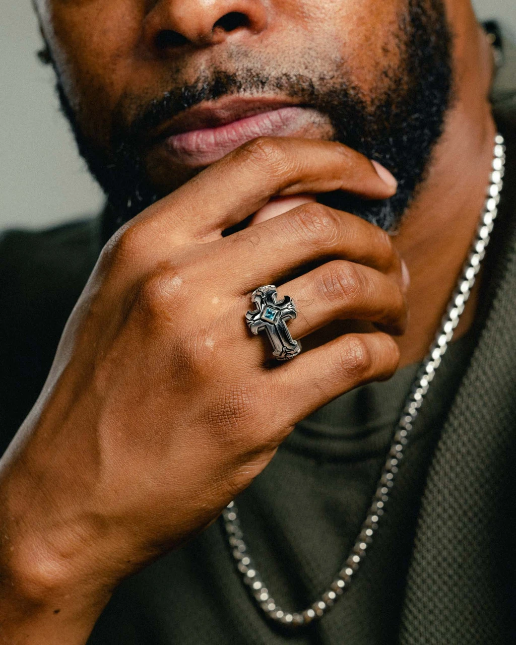 Daily Disciple Ring with London Blue Stone by NightRider Jewelry  shown on model