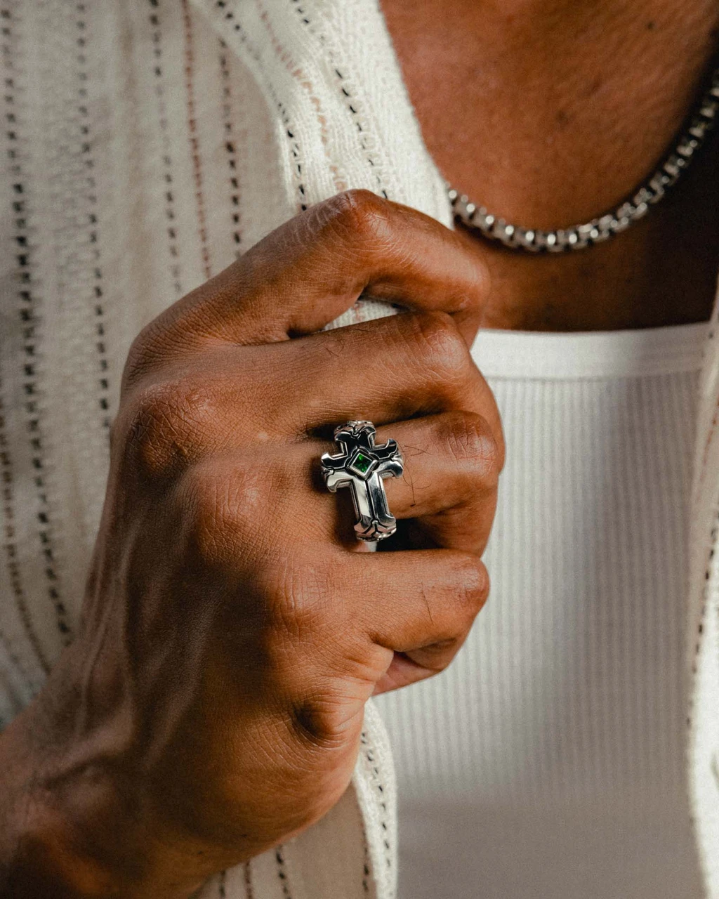 Daily Disciple Ring with Green Garnet Stone by NightRider Jewelry  shown on model