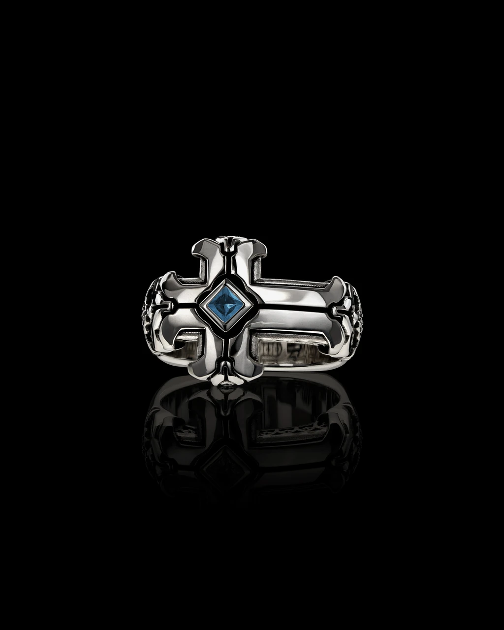 Daily Disciple, Sterling Silver Cross Ring, with London Blue Topaz by NightRider Jewelry - Front View