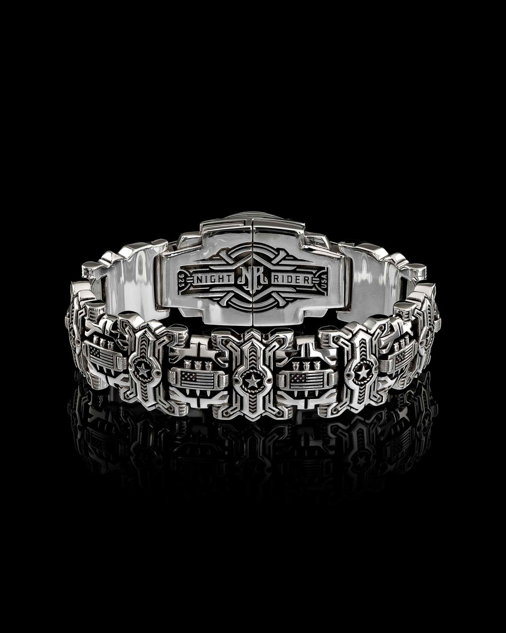 NightRider Original Sheepdog Interlock Silver Link Bracelet with U.S. Flag on Alternating Links - Back View NightRider Original Sheepdog Interlock Silver Link Bracelet with U.S. Flag on Alternating Links - Back View