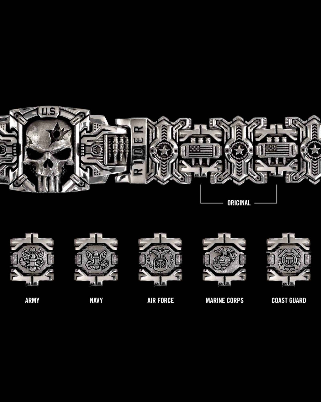 Sheepdog Interlock Big Link Silver Skull Bracelet by NightRider Jewelry - Custom Military Emblem  Options Sheepdog Interlock Big Link Silver Skull Bracelet by NightRider Jewelry - Custom Military Emblem  Options