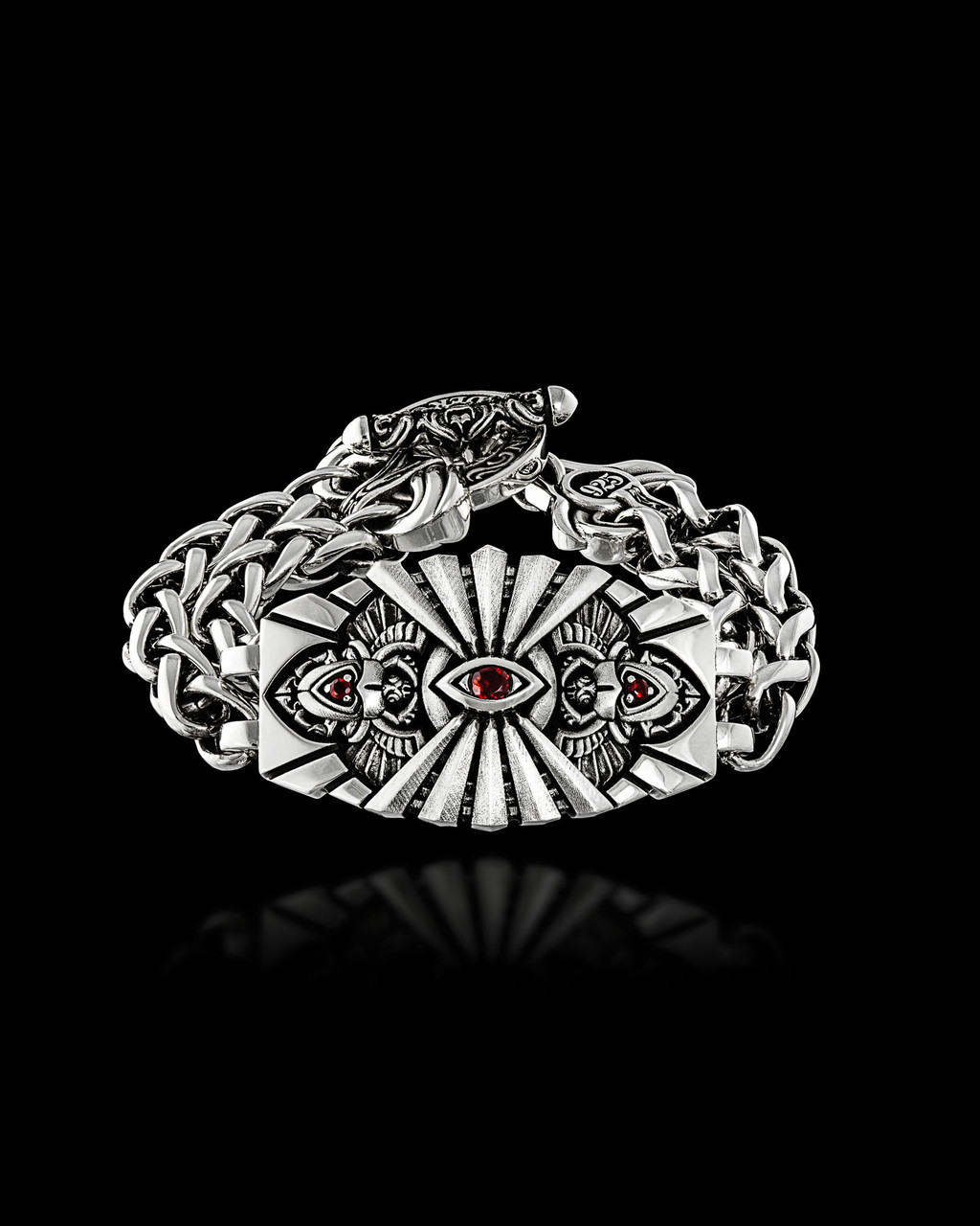 Eye of Providence Bracelet in Silver with Red Garnet Gemstone by NightRider Jewelry - Front View Eye of Providence Bracelet in Silver with Red Garnet Gemstone by NightRider Jewelry - Front View