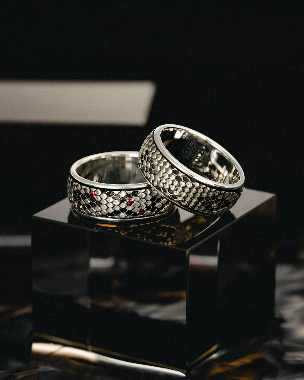 The Serpent Band, Sterling Silver, shown without stones and with red rubies