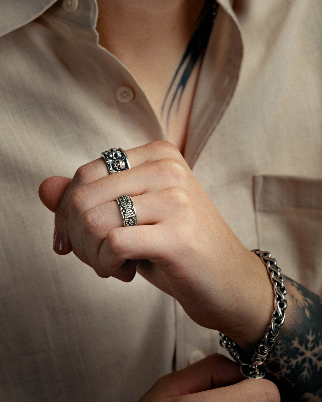 The Serpent Band, Sterling Silver, shown on model
