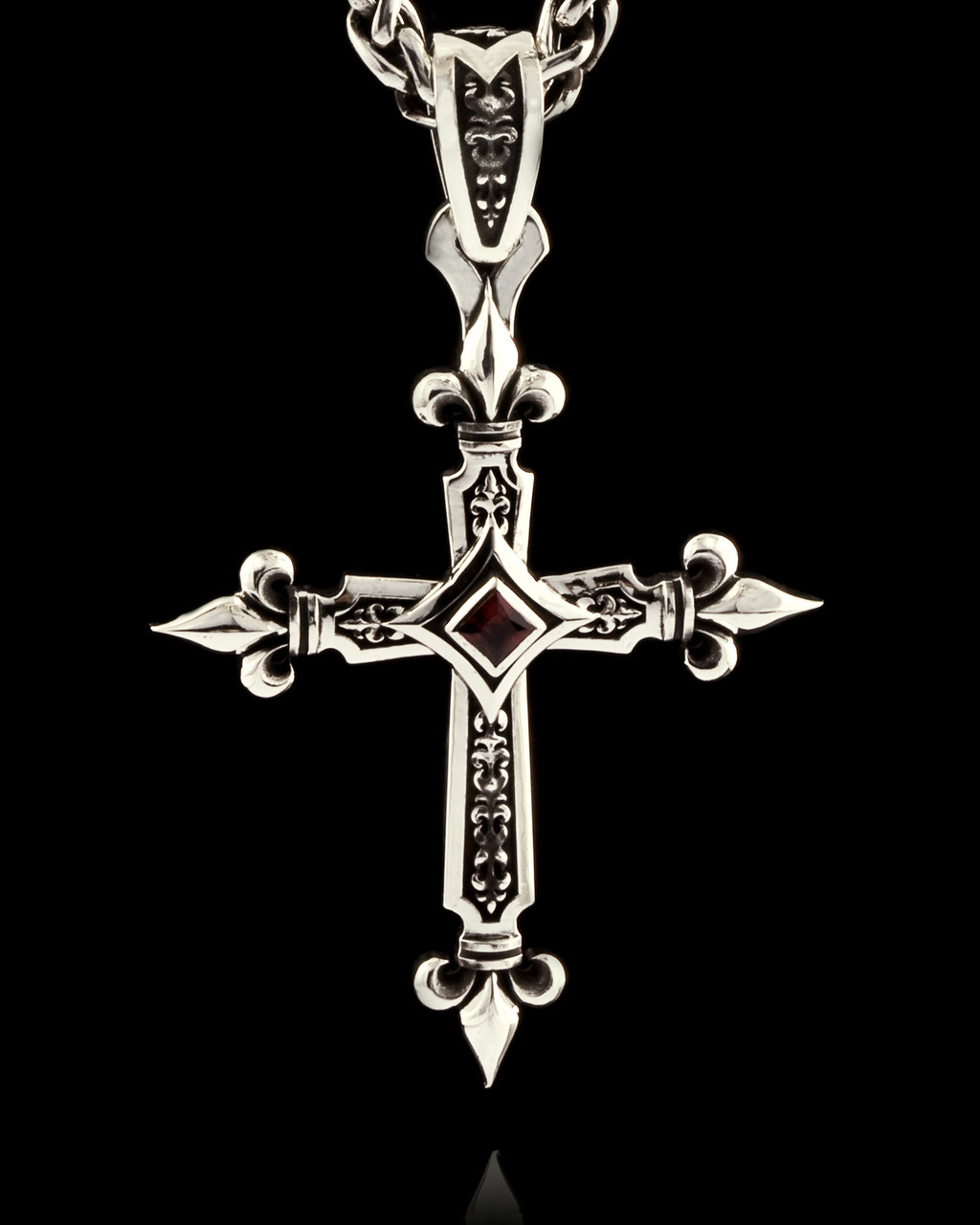 Fleur De Lis Cross Silver Pendant with Red Garnet by NightRider Jewelry - Front View Fleur De Lis Cross Silver Pendant with Red Garnet by NightRider Jewelry - Front View