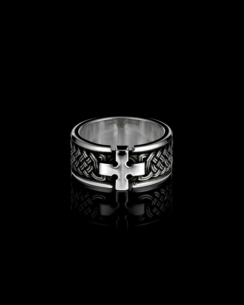 Joshua Cross Band Ring in Solid Sterling Silver with Knot Work and Cross by NightRider Jewelry - Front Joshua Cross Band Ring in Solid Sterling Silver with Knot Work and Cross by NightRider Jewelry - Front