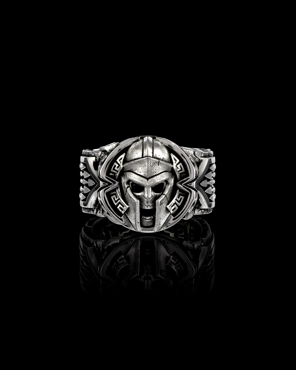 Thermopylae Band Spartan Helmet Ring in Solid Sterling Silver with Skull by NightRider Jewelry - Front Thermopylae Band Spartan Helmet Ring in Solid Sterling Silver with Skull by NightRider Jewelry - Front