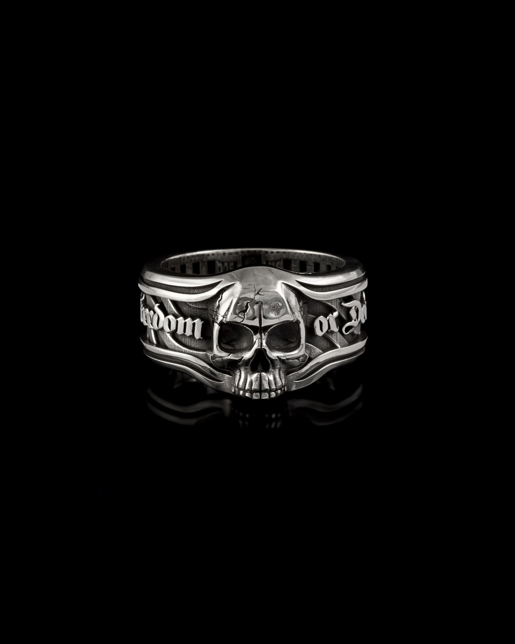 Freedom or Death Band Skull Ring in Sterling Silver by NightRider Jewelry - Front View Freedom or Death Band Skull Ring in Sterling Silver by NightRider Jewelry - Front View