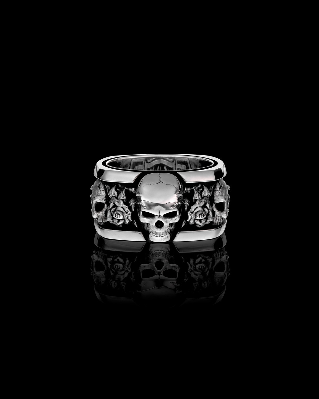 Roses Silver Skull Band Ring by NightRider Jewelry - Front View Roses Silver Skull Band Ring by NightRider Jewelry - Front View