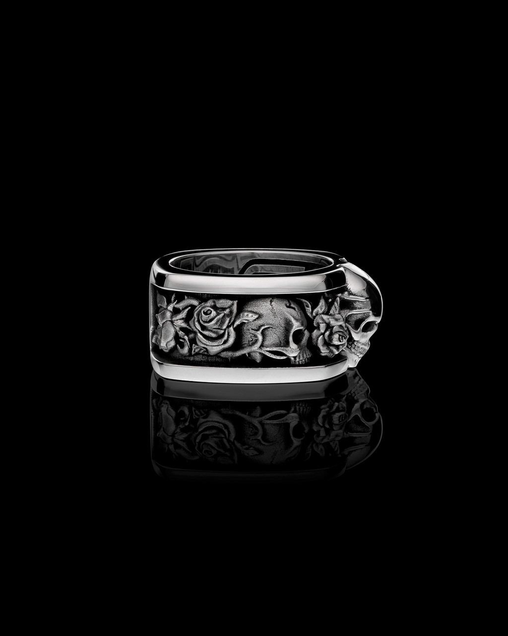 Roses Band Solid Sterling Silver Skull  Ring  - Side 1 Roses Band Solid Sterling Silver Skull  Ring  - Side 1