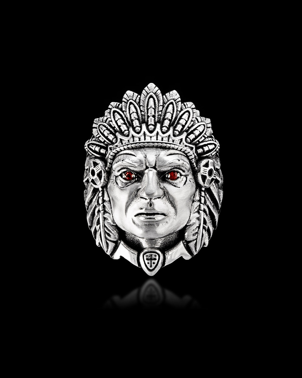 Chief Indian Ring by NightRider Jewelry - Front View with Red Garnet Eyes Chief Indian Ring by NightRider Jewelry - Front View with Red Garnet Eyes