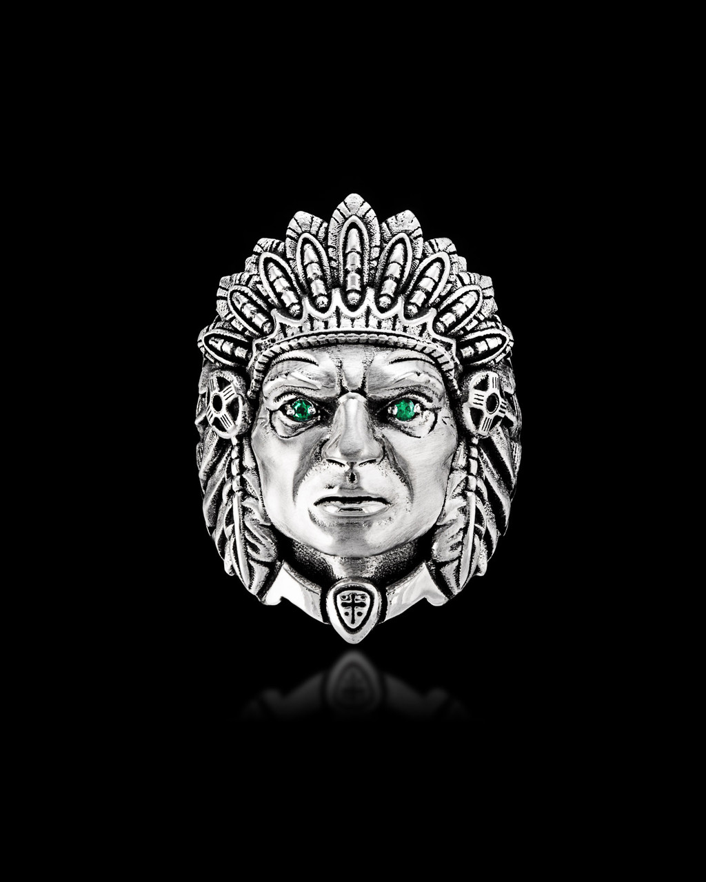 Chief Indian Ring by NightRider Jewelry - Front View with Emerald Eyes Chief Indian Ring by NightRider Jewelry - Front View with Emerald Eyes