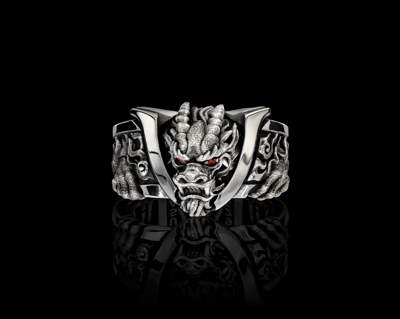 Bushido Band Samurai Dragon Ring in 925 Sterling Silver by NightRider Jewelry - Front