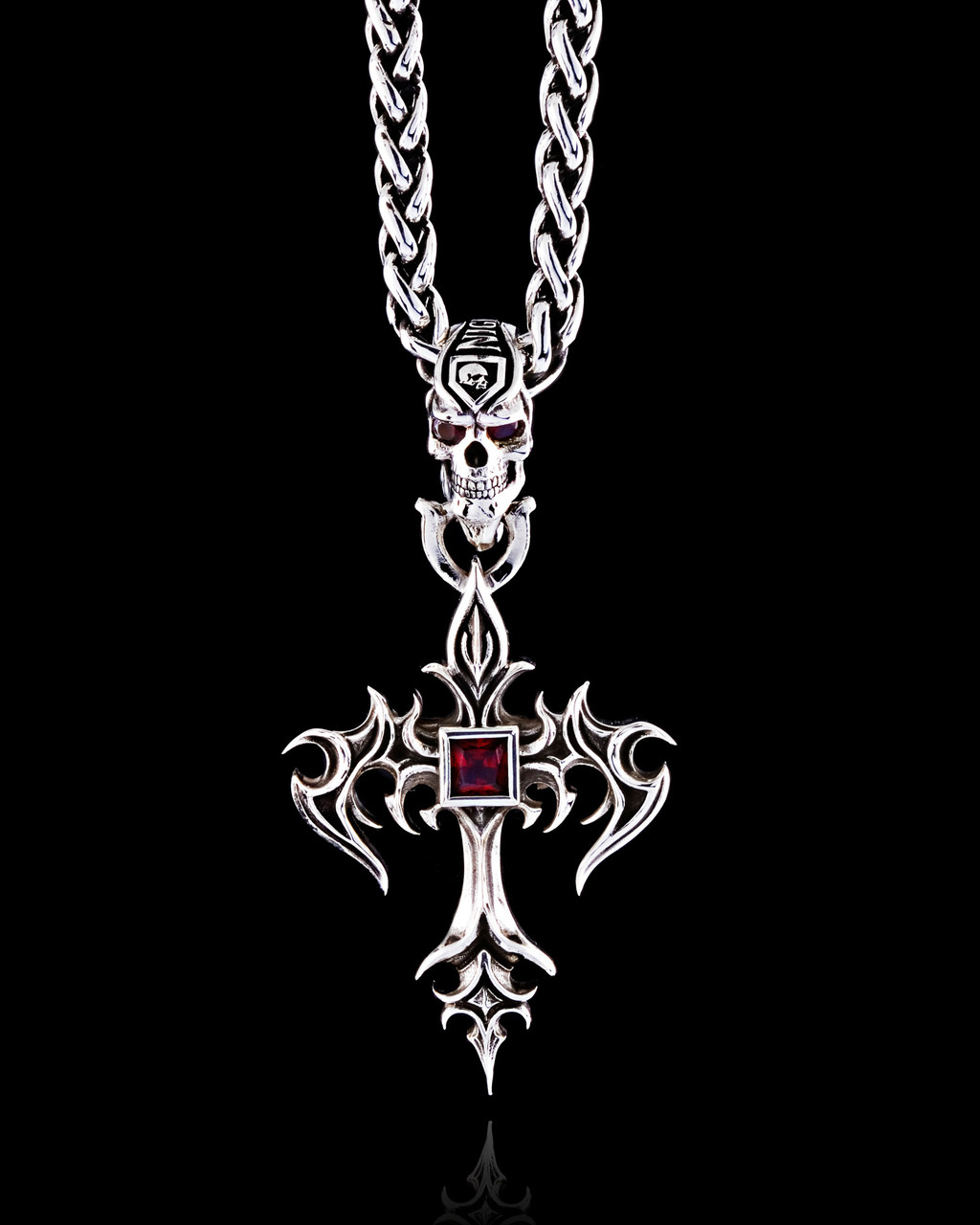 Aldric Cross  Silver Pendant  with Red Garnet by NightRider Jewelry - Front Aldric Cross  Silver Pendant  with Red Garnet by NightRider Jewelry - Front