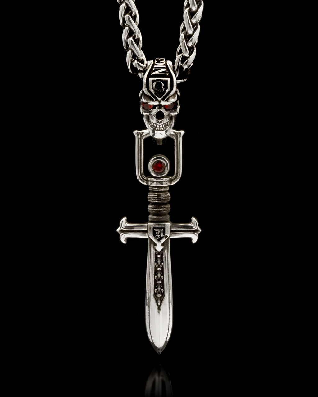 Augury  Skull Pendant with Sword  by NightRider Jewelry - Front View with Red Garnet Augury  Skull Pendant with Sword  by NightRider Jewelry - Front View with Red Garnet