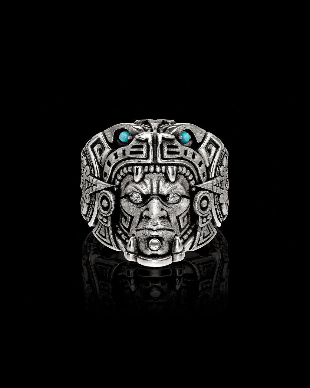 Ocelotl Ring Aztec Jaguar Warrior Ring in  Solid Sterling Silver by NightRider Jewelry - Front, Moissanite for eyes Ocelotl Ring Aztec Jaguar Warrior Ring in  Solid Sterling Silver by NightRider Jewelry - Front, Moissanite for eyes