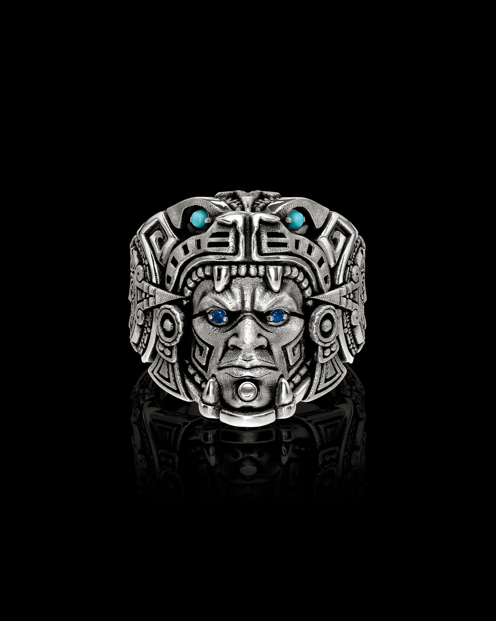 Ocelotl Ring Aztec Jaguar Warrior Ring in  Solid Sterling Silver by NightRider Jewelry - Front, Sapphire for eyes Ocelotl Ring Aztec Jaguar Warrior Ring in  Solid Sterling Silver by NightRider Jewelry - Front, Sapphire for eyes